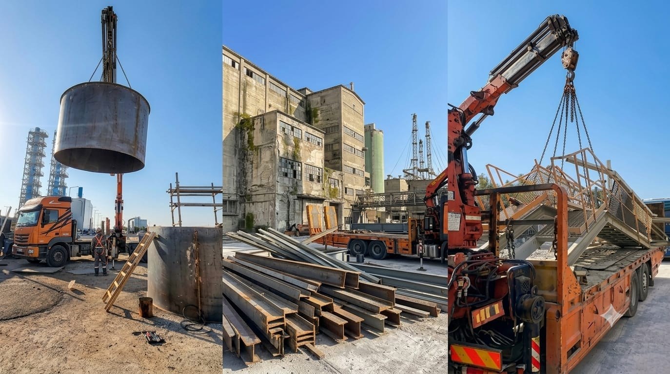 E&M crane and flatbed loading fabricated steel sections at an industrial site