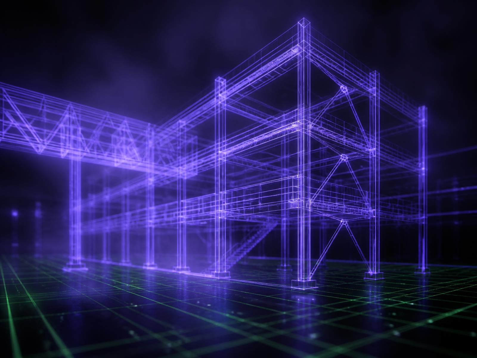 Digital wireframe visualisation of a structural steel frame